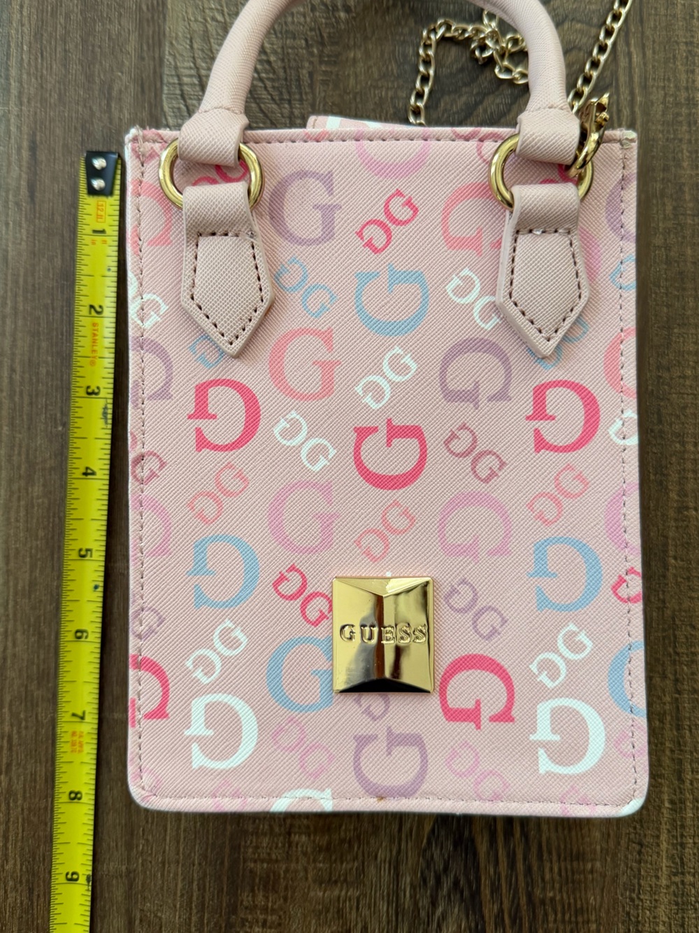 GUESS Pink Multicolor Logo Mini Tote with Gold Chain - Picture 6 of 7